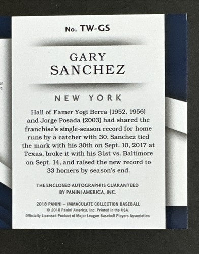 2018 Panini Immaculate Gary Sanchez Eye Black Signatures /15 Auto TW-GS Padres