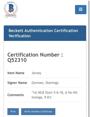 Domingo German Yankees signed No Hitter Rookie STAT MLB Debut Pg jersey Auto BAS