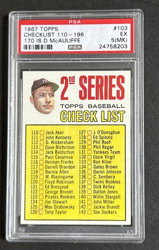 1967 Topps #103 Checklist 110-196 Mickey Mantle PSA 5 EX Unchecked