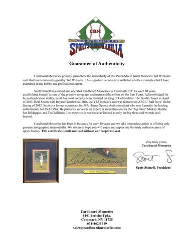 Ted Williams Signed Framed Perez-Steele Great Moments Card Auto Red Sox CBM COA