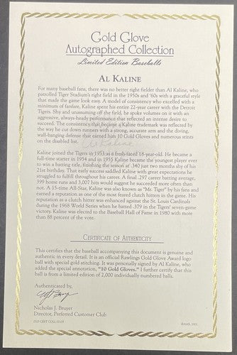 Al Kaline Signed Mlb Gold Glove Baseball 10 Gold Gloves Auto Tigers Hof Steiner