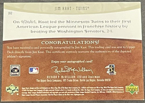 Jim Kaat Signed 2005 Upper Deck MLB Artifacts /458 Auto Facts On Card Twins HOF