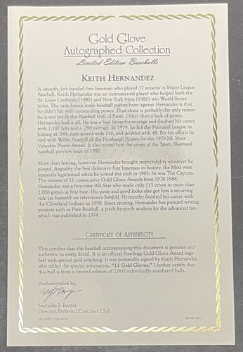 Keith Hernandez Signed Mlb Gold Glove Baseball 11 Gold Gloves Auto Mets Steiner