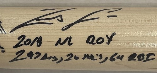 Ronald Acuna Jr Signed 2018 ROY STAT Louisville Slugger Game Model Bat JSA Auto