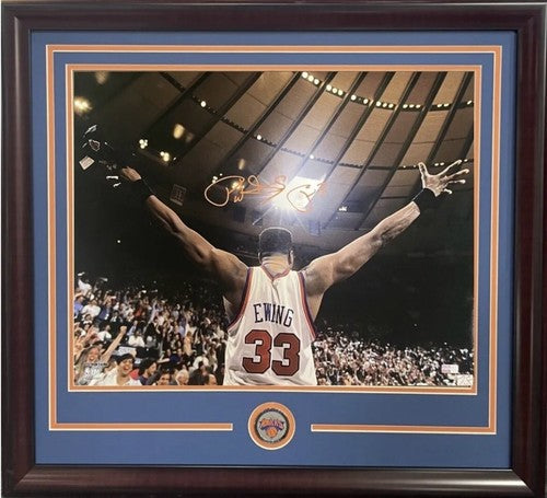 Patrick Ewing Signed Knicks 16x20 Framed Photo Arms Up Playoffs Hof Auto Steiner