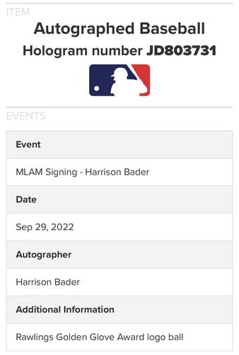 Harrison Bader Signed Rawlings Gold Glove Baseball Phillies Auto MLB Holo COA