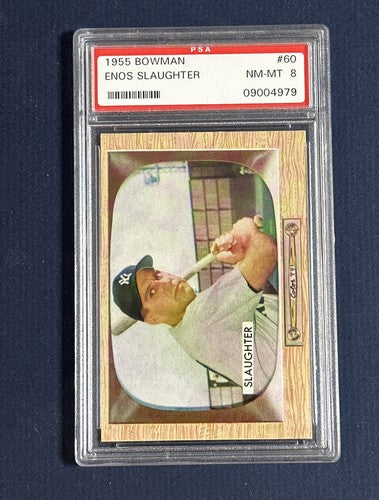 1955  BOWMAN #60 ENOS SLAUGHTER PSA 8 MINT NEW YORK YANKEES HOF BEAUTY HIGH END