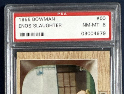 1955  BOWMAN #60 ENOS SLAUGHTER PSA 8 MINT NEW YORK YANKEES HOF BEAUTY HIGH END