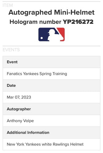 Anthony Volpe Signed Yankees White Rawlings Mini Helmet Rookie Auto Fanatics MLB