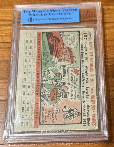Ed Eddie Mathews 1956 Topps 107 Mint Auto Hof Jsa Beckett Bas Coa Certified Ex+