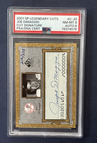 2001 Upper Deck SP Legendary Cuts Joe DiMaggio Psa 8 Mint Auto Cut Check Hof LE