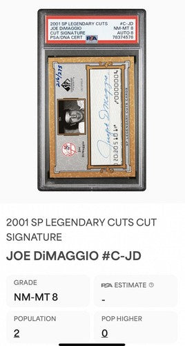 2001 Upper Deck SP Legendary Cuts Joe DiMaggio Psa 8 Mint Auto Cut Check Hof LE