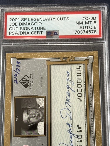 2001 Upper Deck SP Legendary Cuts Joe DiMaggio Psa 8 Mint Auto Cut Check Hof LE