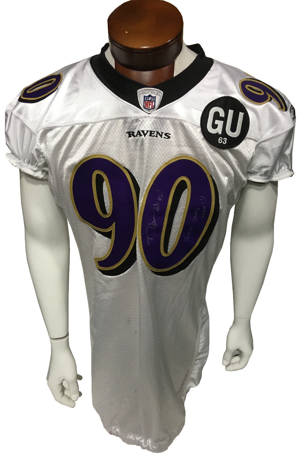 Trevor Pryce #90 signed game used Reebok 2008 Tag Patch Ravens Jersey Auto Coa