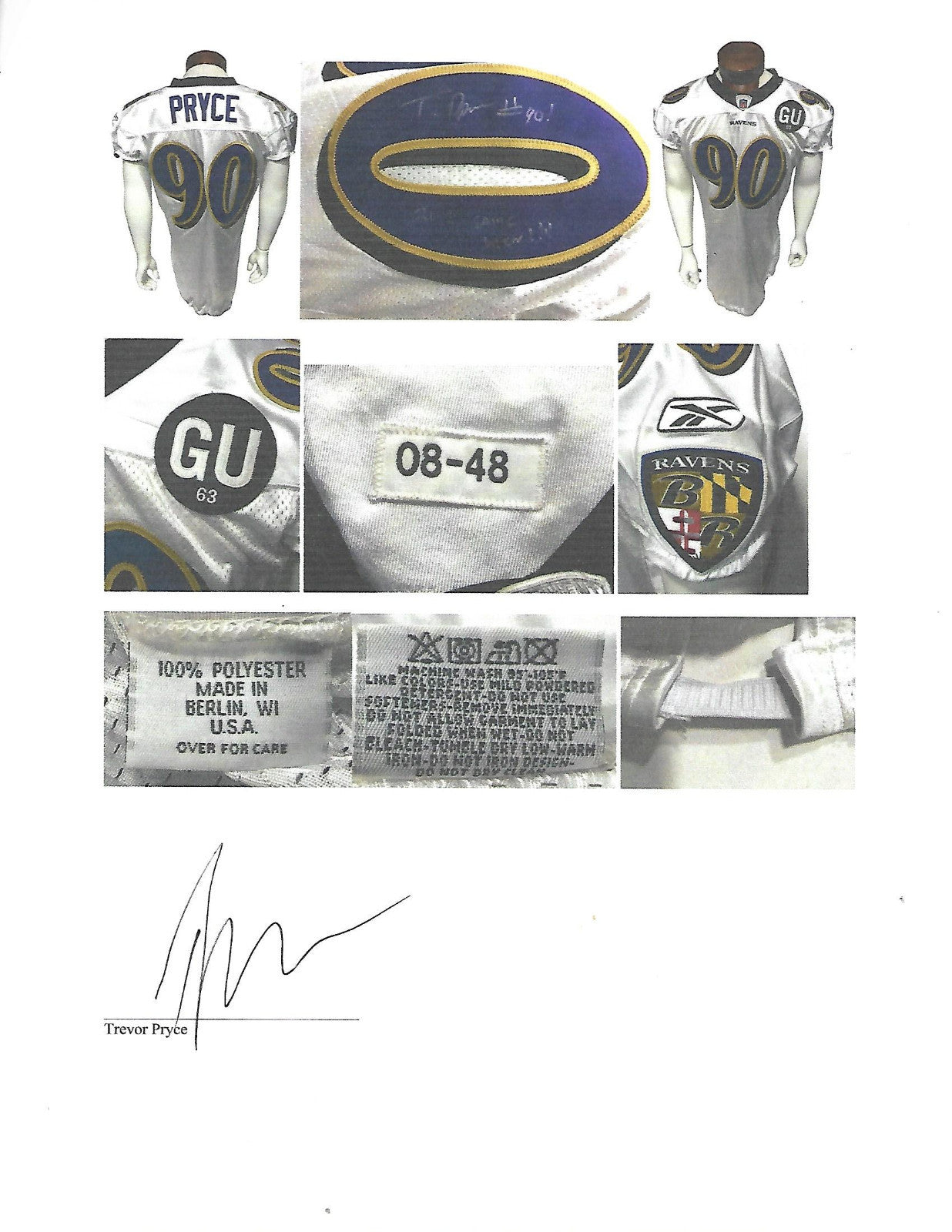 Trevor Pryce #90 signed game used Reebok 2008 Tag Patch Ravens Jersey Auto Coa