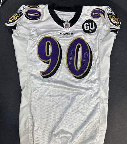 Trevor Pryce #90 signed game used Reebok 2008 Tag Patch Ravens Jersey Auto Coa