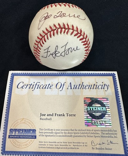 JOE TORRE + FRANK TORRE Signed 1996 World Series Baseball Yankees Auto Steiner