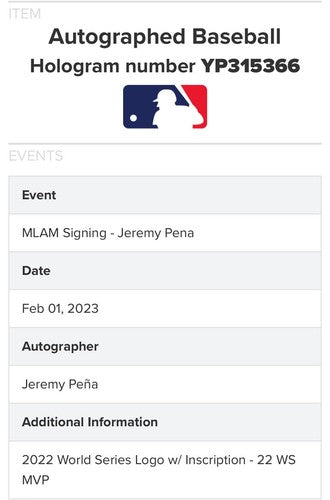 Jeremy Pena Signed 2022 World Series Baseball Rookie Ws Mvp Auto Astros MLB COA