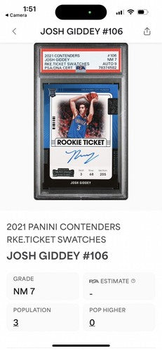 JOSH GIDDEY 2021 22 CONTENDERS ROOKIE TICKET VARIATION PSA 9 Auto & 7 Card