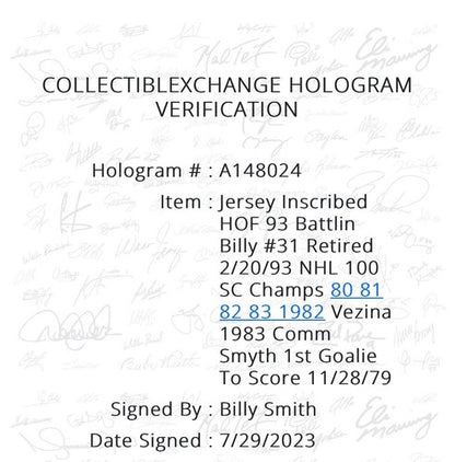 Billy Smith Signed Islanders 9 Stat Jersey HOF Auto Stanley Cup Steiner CXC COA