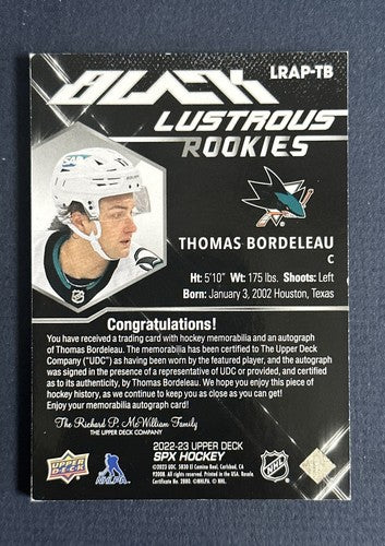 2022-23 Upper Deck Spx Black Lustrous Rookies Patch 1/1 Thomas Bordeleau Sharks