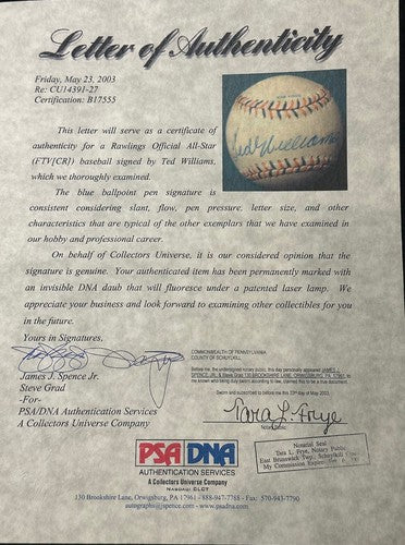 Ted Williams Signed Official 1992 All Star Game Baseball San Diego Auto Psa Loa