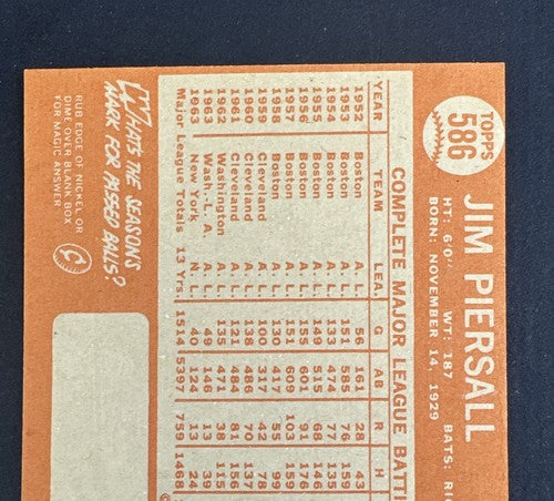 1964 Topps Hi #586 Jim Piersall  Angels Mint + Razor Sharp Beauty Crisp