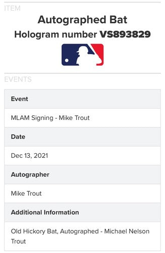 Mike Nelson Trout Signed Hickory Pro Maple MT27 Goat Model Bat Angels Auto MLB