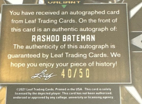 2021 Leaf Valiant Rashod Bateman Orange RC Rookie Auto 18/50 BGS 9.5 Gem 10 Auto