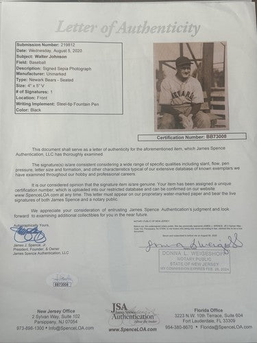 Walter Johnson Hand Signed Original 4x5 Photo Hof Autograph Jsa RARE Loa Coa