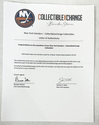 Matt Martin Signed Islanders Bauer Skate Pair Game Used Autograph Steiner COA