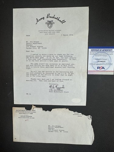Mike Krzyzewski Army Basketball Signed 1978 Letter To Newsday Duke Auto Psa Coa