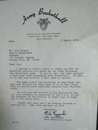 Mike Krzyzewski Army Basketball Signed 1978 Letter To Newsday Duke Auto Psa Coa