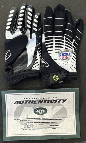David Harris NY Jets 2007 Game Used NFL Reebok Griptonite Gloves Pair #52 COA