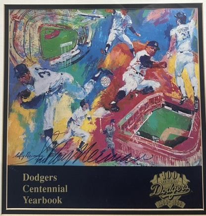 LeRoy Neiman Signed Framed Dodgers Full Centennial Yearbook Photo Art Auto COA