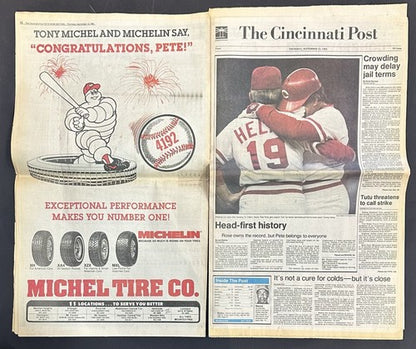 Pete Rose Signed 1985 Cincinnati Post Full Newspaper 4192 Hit Reds Auto CBM COA