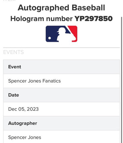 Spencer Jones Signed Official MLB Baseball Yankees Rookie Autograph Fanatics MLB