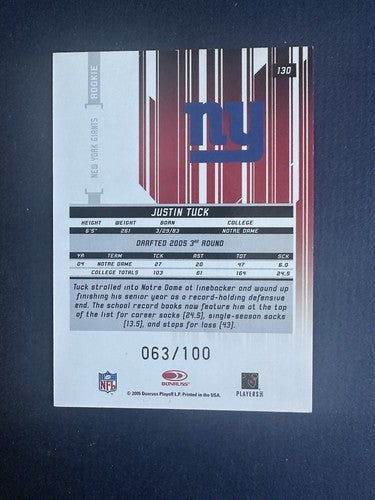 2005 Leaf Rookies & Stars Justin Tuck Rookie #130 Longevity Emerald /100 Giants