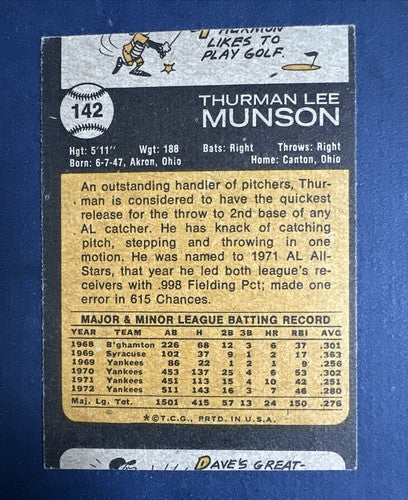 1973 TOPPS THURMAN MUNSON #142 Yankees Near Mint Nm Cut Error Dave Hamilton Rare
