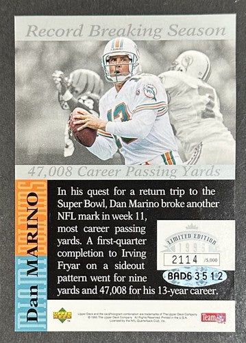 Dan Marino Signed 1995 Upper Deck Record Breaking Seasons LE Auto Dolphins UDA