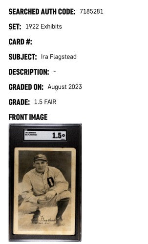 1922 Exhibits Post Card Ira Flagstead SGC 1.5 FR Detroit Tigers AL Rare