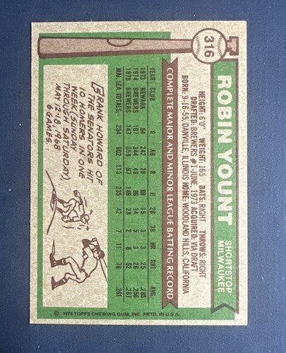 1976 Topps #316 Robin Yount Nm - Mint Centered Hof Milwaukee Brewers