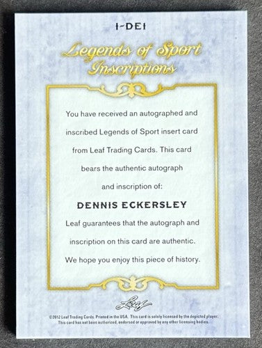 2012 Leaf Legends of Sport Inscriptions Dennis Eckersley Auto 1989 Ws Champs Hof