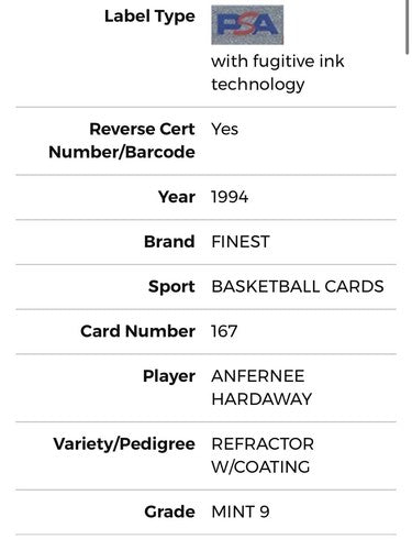 1994 Topps Finest #167 Anfernee Hardaway Refractor W/Coating PSA 9 Mint Magic