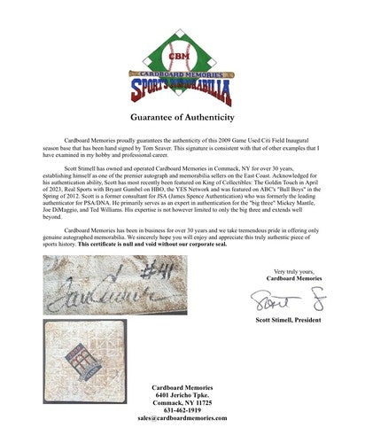 Tom Seaver Signed Mets Game Used 2009 Inaugural Citi Field 2nd Base Auto MLB COA