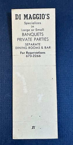 Joe DiMaggio DiMaggio’s Ny Yankees Restaurant Matchbook Cover San Francisco Nm