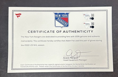 Adam Fox New York Rangers 2022 Game Used Bauer Nexus Gloves Pair Fanatics COA