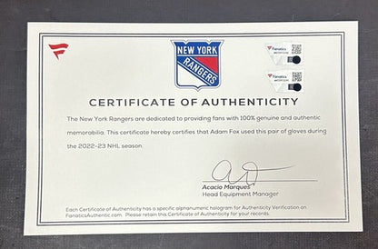 Adam Fox New York Rangers 2022 Game Used Bauer Nexus Gloves Pair Fanatics COA