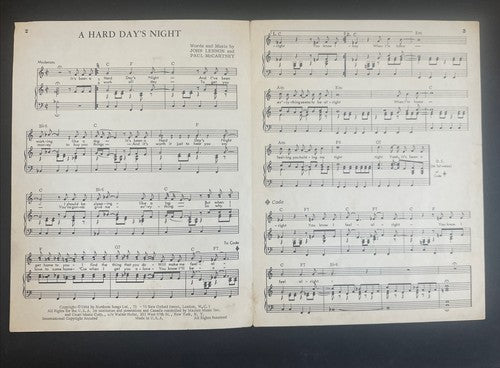 The Beatles original 1964 "A Hard Day's Night' USA sheet music in ex condition