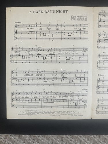 The Beatles original 1964 "A Hard Day's Night' USA sheet music in ex condition